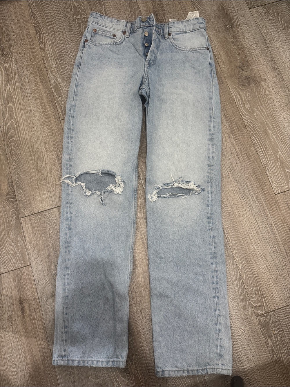 Zara Light Blue Distressed Straight-Leg Jeans
